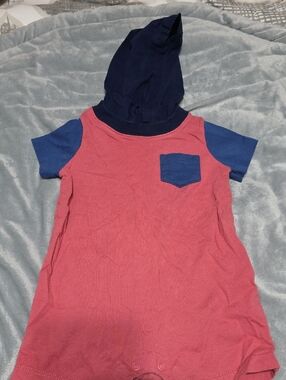 Carter's Pink Short Sleeve Hooded Romper with Blue Accents